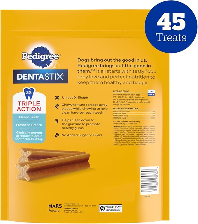 Pedigree Dentastix Small & Medium Breed Dog Treats, Original with Real Chicken, Dog Dental Treats, 21.1 oz. Bag (45 Treats Total)
