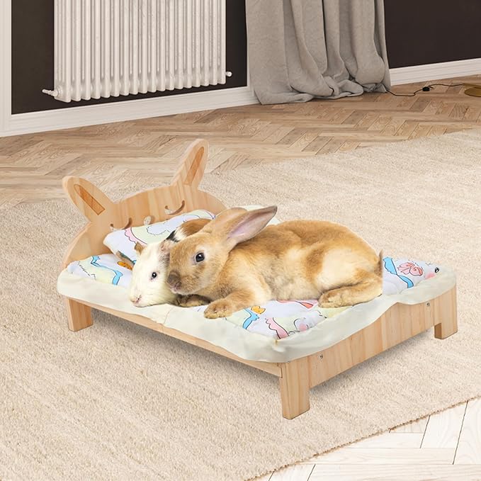 BWOGUE Large Wooden Bunny Bed, 2 in 1 Folding Wooden Pet Bed with Reversible Cushion & Pillow, Easy to Assemble Small Animals Beds for Bunnies Rabbits Guinea Pigs Puppy Kittens Sleeping Habitat