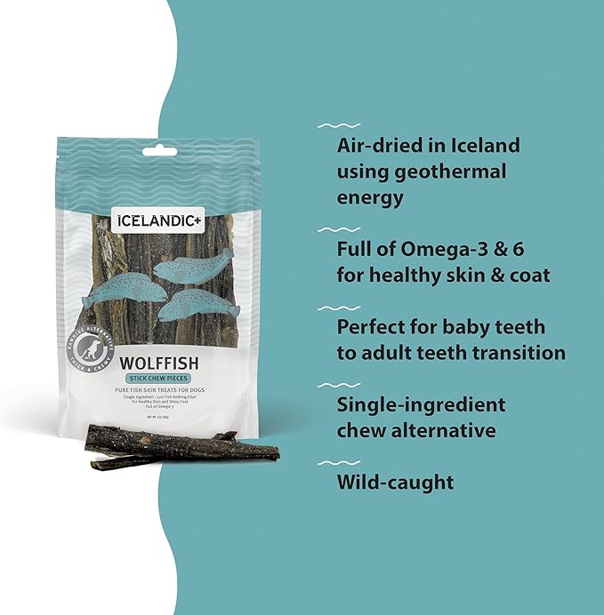 Icelandic+ Stick Chew Pieces: Wolffish - 3oz Bag, Pure Fish Skin Dog Treats, Wild-Caught & Air-Dried, Single Ingredient Pet Snacks, Just The Fish