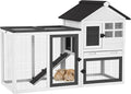 Rabbit Hutch Indoor or Outdoor, Wooden Bunny Cage with Chew-Proof Ramp, Mobile Rabbit House with Wheels, Guinea Pig Cages with Leakproof Tray and Waterproof Roof (White)