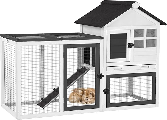 Rabbit Hutch Indoor or Outdoor, Wooden Bunny Cage with Chew-Proof Ramp, Mobile Rabbit House with Wheels, Guinea Pig Cages with Leakproof Tray and Waterproof Roof (White)