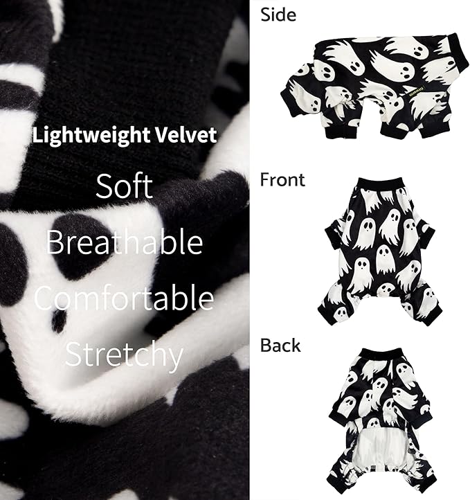 Fitwarm Halloween Ghost Dog Pajamas, Funny Halloween Costumes for Dogs, Fleece Dog Onesie with Feet, Doggy Clothes for Small Dogs Boy Girl, Pet Apparel, Black, White, Large