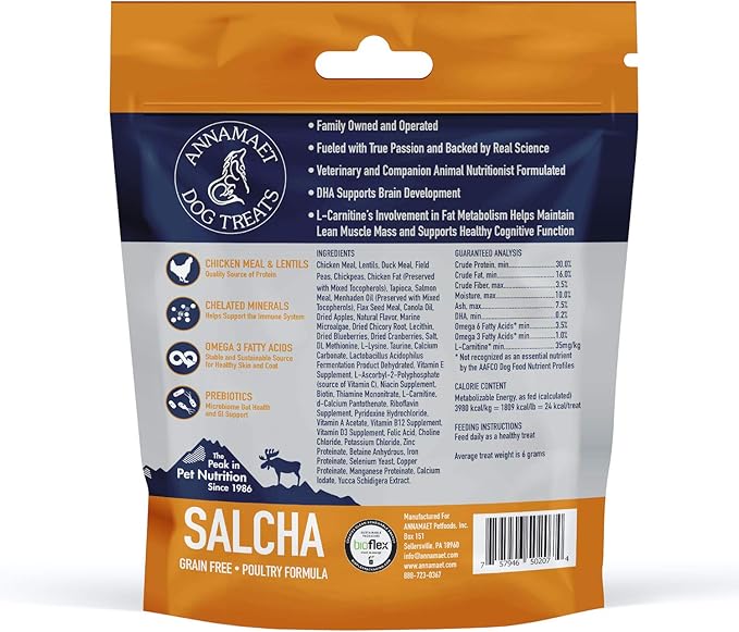 Annamaet Grain-Free Salcha Dog Treats Poulet Formula with Chicken & Duck, 7-oz Bag