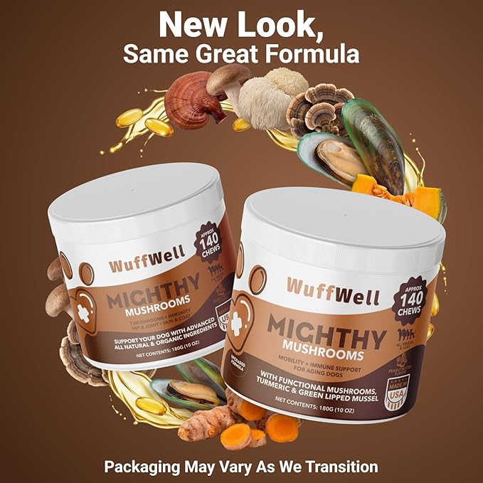 WuffWell Mighty Mushroom Supplement for Dogs - Turkey Tail & Green Lipped Mussel - Senior Dog Wellness, Immune Support, Turmeric - Enhance Vitality & Longevity in Aging Dogs - 7 Mushrooms