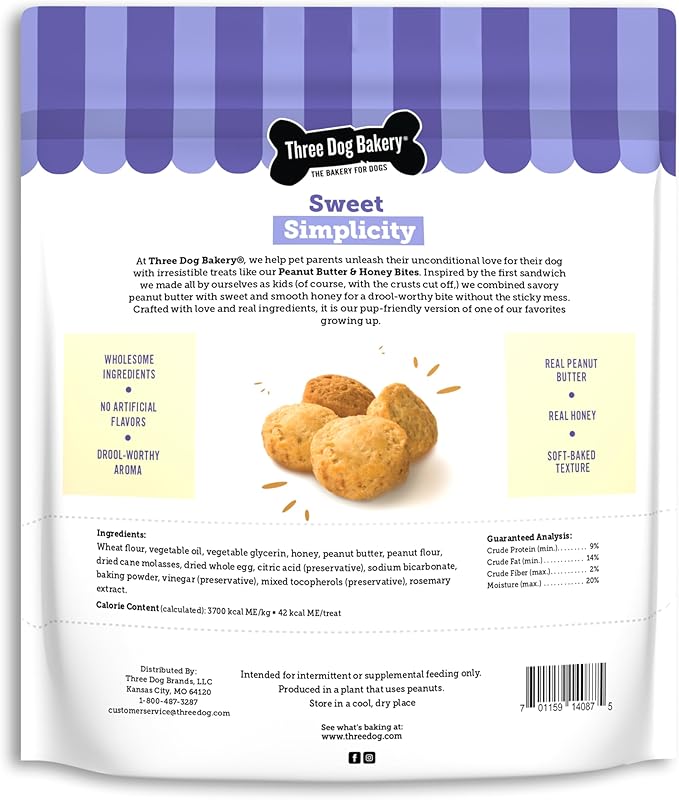 Three Dog Bakery Peanut Butter & Honey Bites, Mess-Free Snacks & Training Cookies for Dogs & Puppies, Human-Inspired