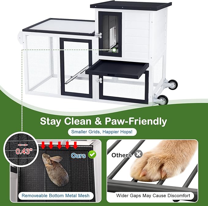 Bunny Hutch Outdoor with Chew-Proof Aluminum Frame 2-Story Indoor Rabbit Hutch Wooden with Wheels and Slide-Out Tray
