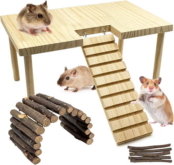 Large Hamster Platform with Ladder Wooden Syrian Hamsters Standing Platforms with Legs Set Wood Gerbils Climbing Bridge Toy Cage Accessories