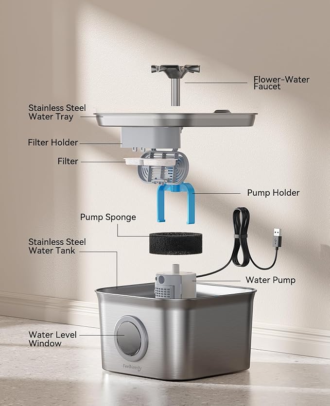 Stainless Steel Cat Water Fountain, 2.8L with 20dB Ultra-Quiet Pump- Ideal for Timid Pets, LED Water Level Window, Dishwasher Safe, 24/7 Circulation- Includes 6 Replacement Filters