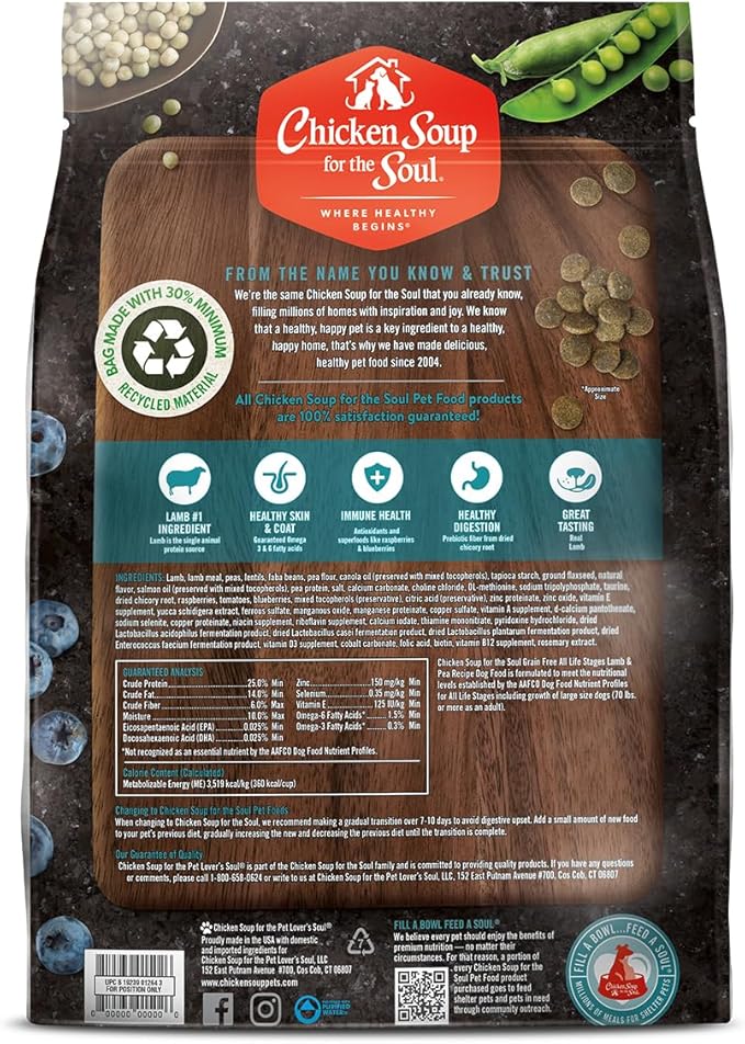 Chicken Soup for the Soul All Natural Premium Grain-Free All Life Stage Dry Dog Food, Real Meat First Ingredient, No by-Products, Added Taurine Supports Heart Health, Lamb & Pea, 4lb (Pack of 2)