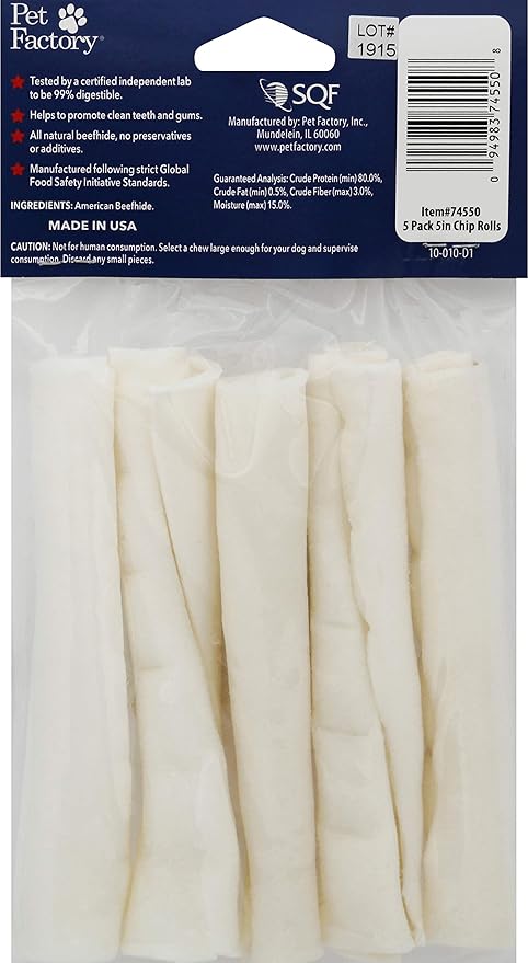 Pet Factory 100% Made in USA Beefhide 5" Chip Rolls Dog Chew Treats - Natural Flavor, 5 Count/1 Pack