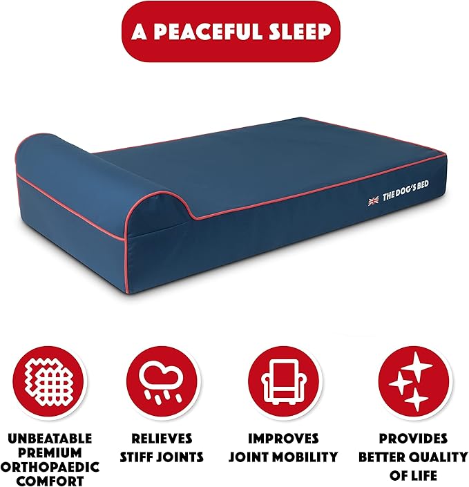 The Dog’s Bed Orthopedic Memory Foam Dog Bed with Headrest, Calming Surface – CertiPUR-Certified Foam, Oxford Fabric, Blue with Red Trim UK Flag, XL, 6-Inch