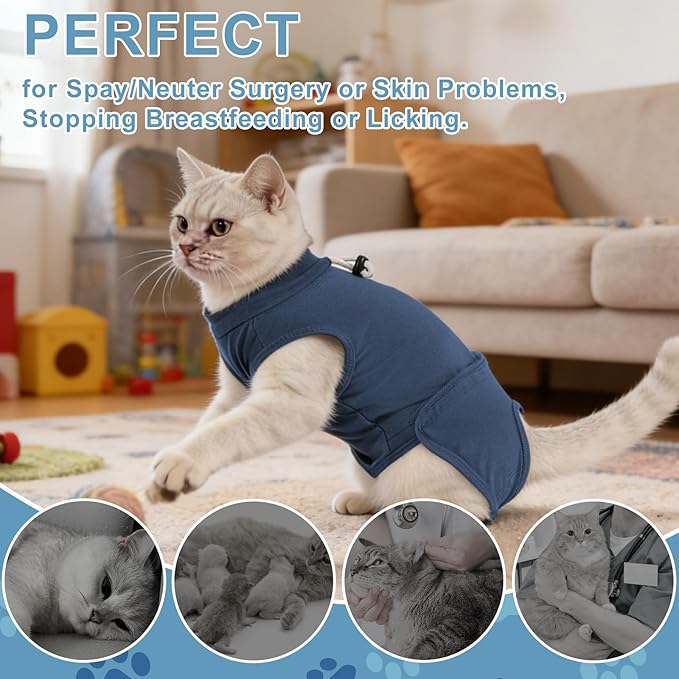 Gyuzh Cat Surgery Recovery Suit for Male Cats - Breathable & Comfortable Cone Alternative. Easy-Pull Recovery Suit with Adjustable Neck & Snap Closure for Neutering, Anti-Licking Wound Care Blue S