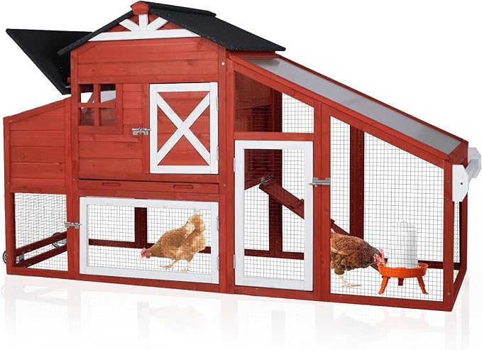 GUTINNEEN Mobile Chicken Coop for 2-4 Chickens with Wheels, Expandable Large Hen House with Run, UV-Protected Roof, Divided Nesting Boxes, Easy One-Person Move, Red