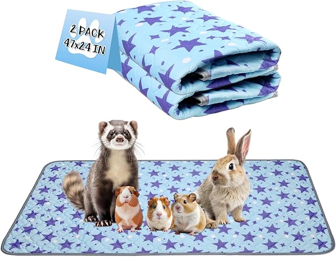 Reusable Guinea Pig Cage Liners, 47" x 24" (Pack of 2) Washable Pee Pads , Super Absorbent & Waterproof & Anti-Slip Pet Bedding Liner for Dogs, Bunny, Small Animals (Blue)