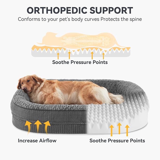 JOEJOY Orthopedic Dog Bed for Large Dogs, Egg-Crate Memory Foam Pet Bed with Bolster Sides, Waterproof Lining, Removable Washable Cover & Non-Slip Bottom, Grey