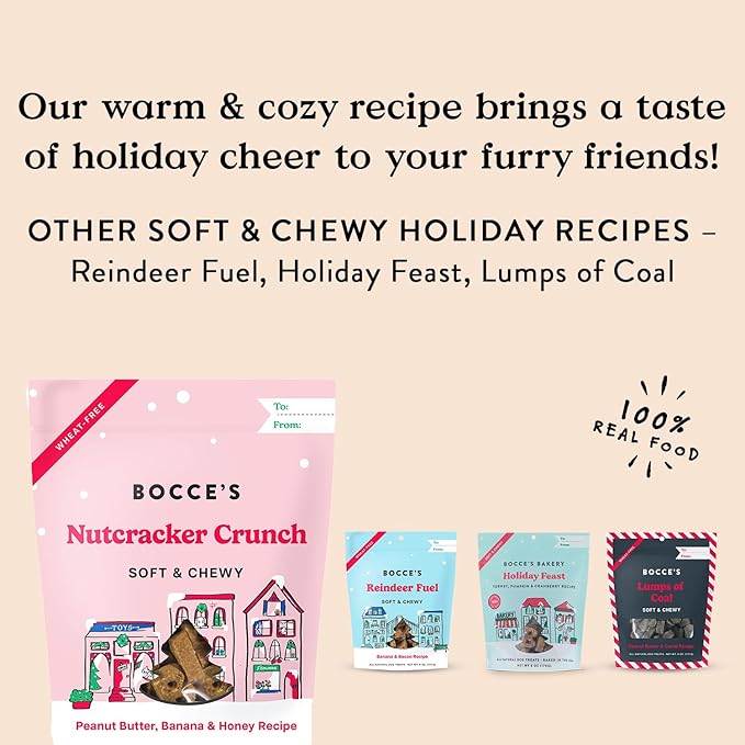 Bocce's Bakery Nutcracker Crunch Soft & Chewy Dog Treats, All-Natural Wheat-Free Christmas Dog Treats, 6 oz