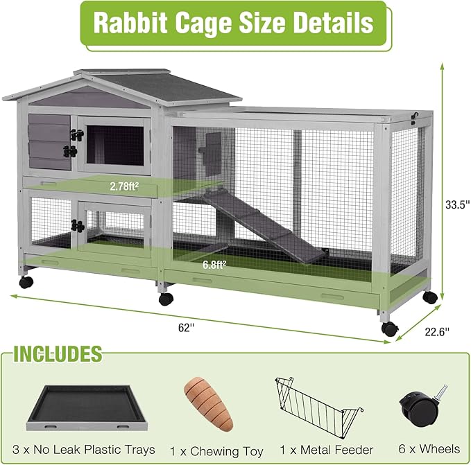Large Rabbit Hutch Indoor Outdoor, Wooden Rabbit Cage with Wheels, 62'' Mobile Bunny Cage with Chew-Proof Ramp, Pull-Out Tray, Waterproof Roof, Guinea Pig Habitat (Grey)