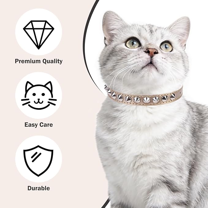 Leather Cat Collars for Boy Girl Cats with Bell and Safety Elastic Belt, Personalized Rivets Stud Adjustable Safe Buckle Collar with Skull Charm for Kitty Small Pets, Halloween Cat Collar