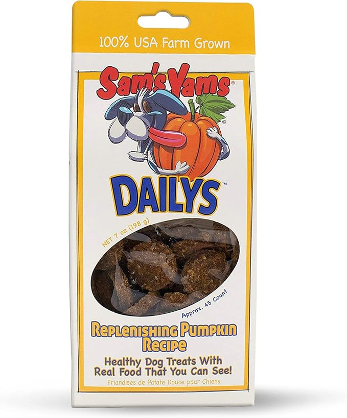 Front Porch Pets Sam's Yams Daily's Replenishing Pumpkin Recipe Dog Treats, Healthy Dog Snacks for Large, Medium or Small Breed Dogs, Vegan Sweet Potato Dog Chews Made in USA - 7 Ounce