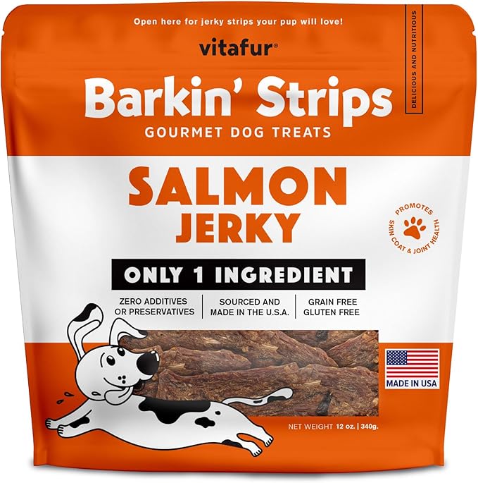 Barkin Burger Strips Made of Only Salmon Grain-Free Dog Treats 12 oz Pouch Premium One-Ingredient, All-Natural, Low-Fat, Lean Protein Jerky Treats for Dogs and Breeds