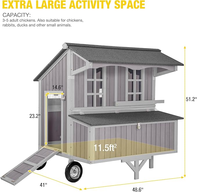 Large Chicken Coop with Wheels, Weatherproof Chicken Tractor with Asphalt Roof, Wooden Poultry Cage with Nesting Box & Removable Tray, Outdoor Hen House for 3-5 Chickens Backyard Farm