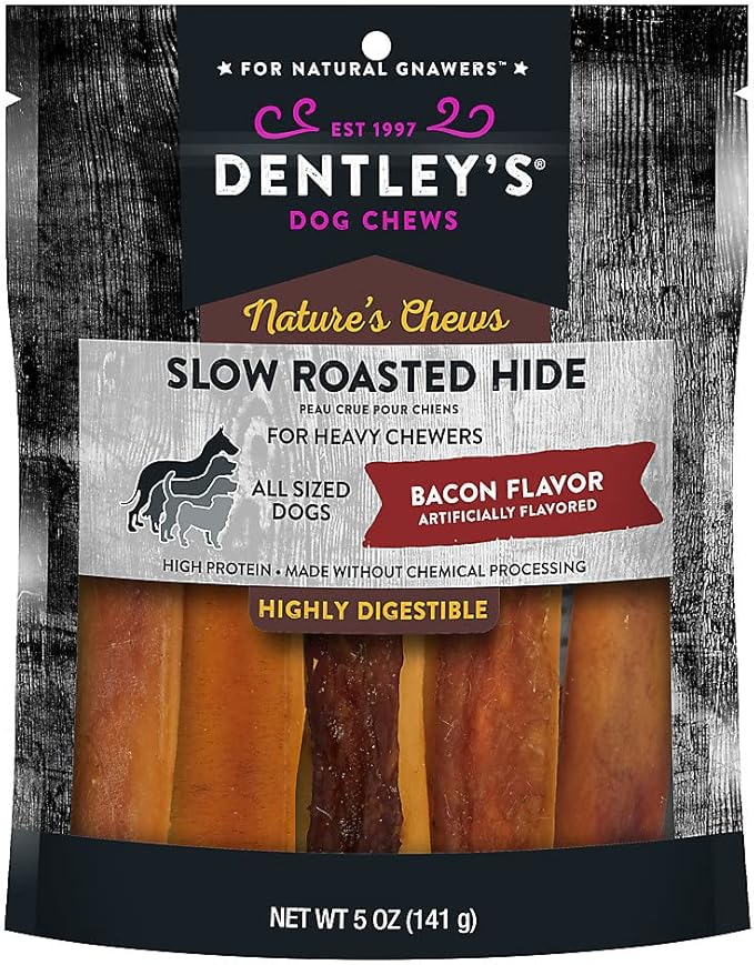 Dently Nature`s Chews Slow Roasted Hide Bacon Flavor for Heavy Chewers 5 oz Bag / Plus 1-Doggie Waste Roll