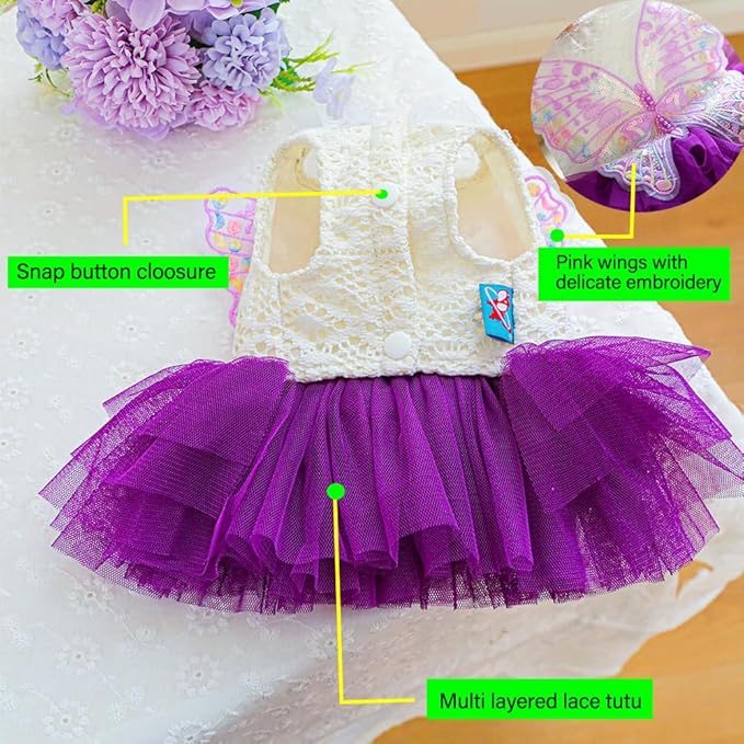 ANIAC Butterfly Dog Dress with Purple Tutu Funny Dog Clothes with Wing Girl Puppy Dress for Small Dogs Pet Butterfly Costume Holiday Cat Outfit for Halloween Birthday Wedding (Purple, Small)