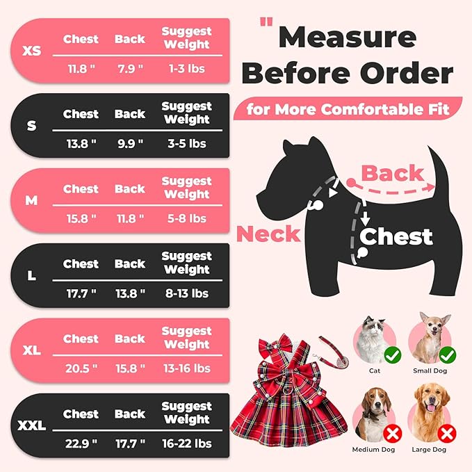 PETCARE Cute Dog Dress Clothes for Small Dogs Cats Girl Female Red Plaid Bow Tie Dog Harness Dresses Leash Set with Pearls Bow Accessories Birthday Puppy Dress Shih Tzu Yorkies Chihuahua Outfits