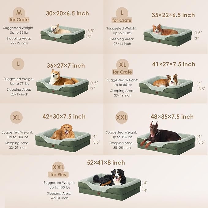 EHEYCIGA Orthopedic Dog Bed for Large Sized Dog, 36x27x7 Inch Large Memory Foam Dog Couch Bed with Sides, Waterproof Liner & Washable Removable Cover, Bolster Pet Sofa, Green