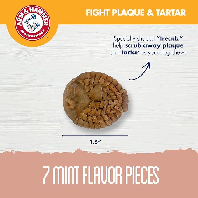 Arm & Hammer for Pets Mighties by TREADZ, Dental Treats for Dogs with Baking Soda & Calcium, Help Fight Bad Breath, Plaque & Tartar, Mint, Tough Puffer Shaped, 7 Pcs - 2 Pack