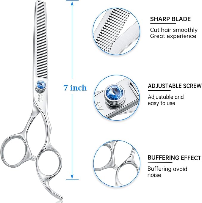 JASON 7" 50 Teeth Thinning Dog Grooming Blending Scissor, Ergonomic Pet Grooming Thinner Blender Shears Cat Trimming Texturizing Kit with Offset Handle and a Jewelled Screw 30% Thinning Rate Christmas