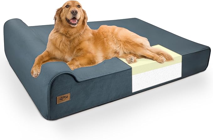 Sytopia XXL 35D Memory Foam Dog Bed for Extra Large Dogs – 7" Thick Orthopedic Pet Couch for Seniors and Big Breeds up to 150 Pounds, with Water-Resistant Liner & Washable Cover – Blue Grey