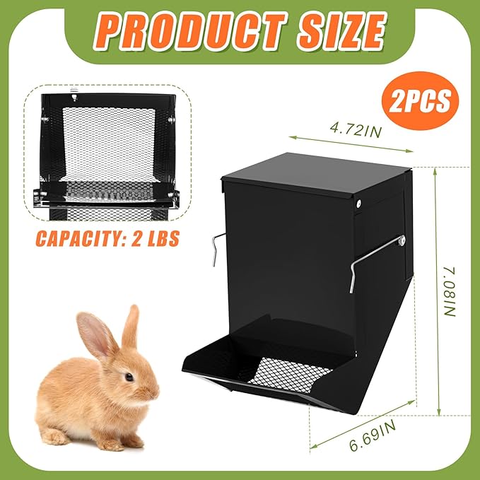 Maxcheck 2 Pcs Rabbit Feeder for Cages Small Animal Food Pellet Dispenser with Lid Metal Chicken Grit Oyster Shell Squirrel Feeders Outside(4.7 Inches,Mesh Bottom,Black)