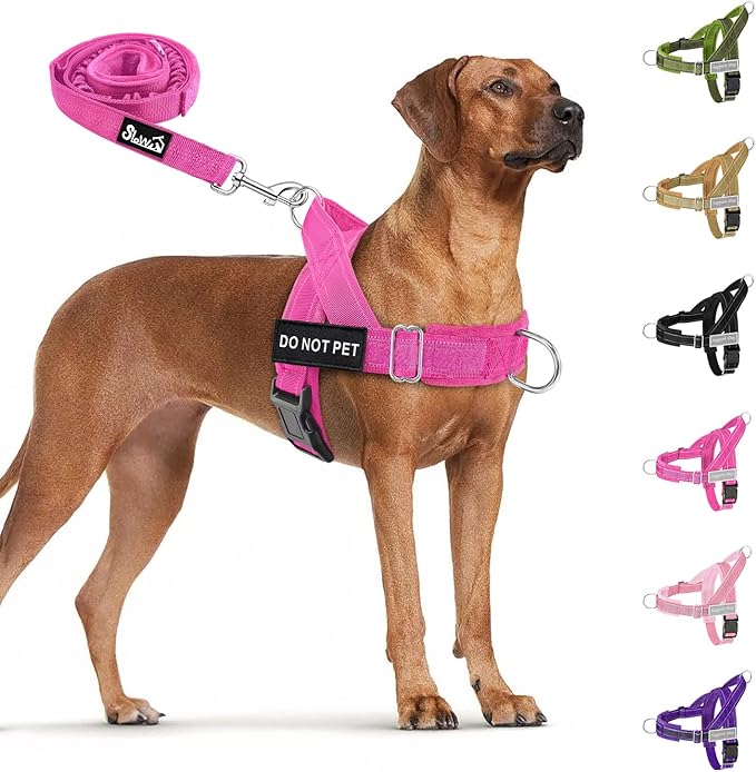 SlowTon No Pull Dog Harness - Heavy Duty Dog Harness and Leash Set for Medium Large Dogs, Reflective Tactical Harness with Soft Padded and Front Clip for Easy Walk and Training (Fuchsia XL)