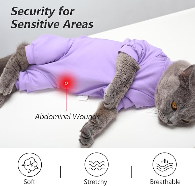 Dotoner Cat Recovery Suit After Surgery Spay Recovery Suit for Female Cats Soft Protective Clothing E-Collar Alternative for Wound Care Post Surgery Apparel(Purple-L)