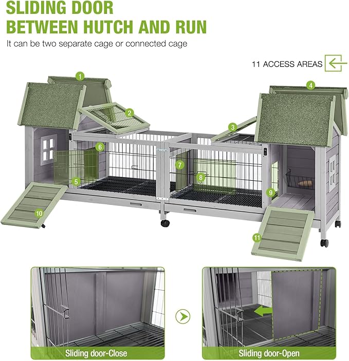 GUTINNEEN Rabbit Hutch Outdoor with Run, Bunny Cage on Wheels, 10.4 ft² Guinea Pig House, No-Leak Pull-Out Trays