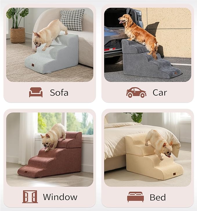 Made4Pets Dog Stairs Ramp for Small Dogs 15.7" H, 3-Step Dog Steps for Bed Couch Sofa and Chair, 35D Foam Pet Steps for Small Dogs and Cats, Non-Slip Bottom Pet Stairs, Brown