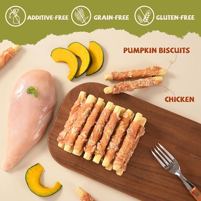 Dog Treats Pumpkin Biscuits Chicken Jerky Wrapped, Low Fat Rawhide Free Healthy Dog Chew Training Treats, High Fiber Pumpkin Biscuits Dog Snacks, for Small Medium Large Dogs 10.6 oz