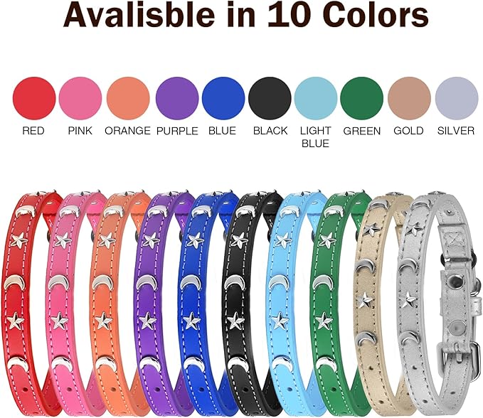 Leather Cat Collars for Boy Girl Cats with Bell and Safety Elastic Belt, Personalized Star and Moon Stud Adjustable Safe Buckle Collar for Kitty Small Big Cats Size 7-9 Inch, Orange