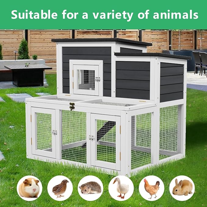 Outdoor Rabbit Hutch for 2-4 Chickens Wooden with Waterproof Asphalt Roof, Ramp, Openable Top Pull-Out Tray Suitable for Suitable for Indoor and Outdoor Use. (White Black)