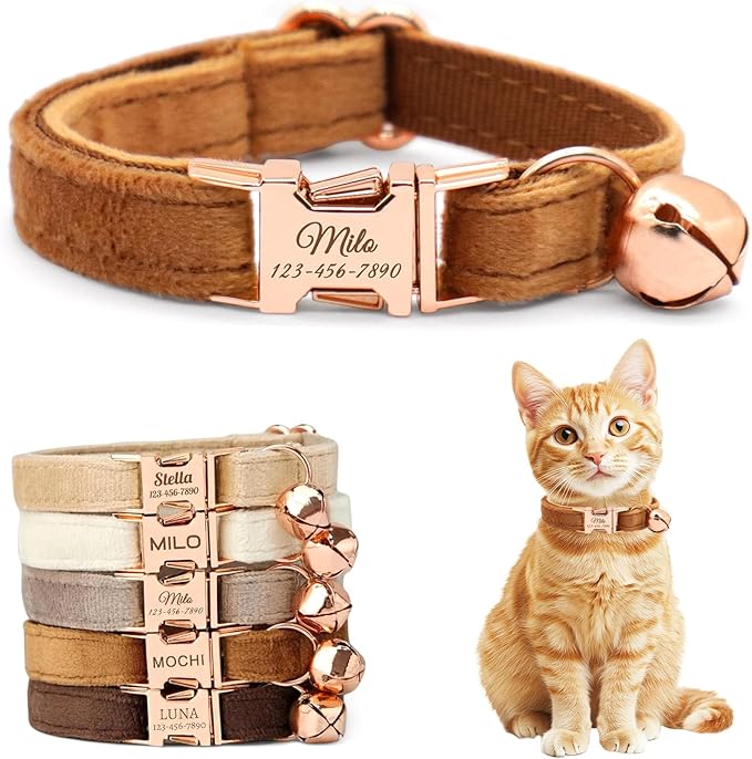 Personalized Non-Breakaway Cat Collar with Name, Luxury Soft Velvet Custom Engraved Name Collar with Bell for Kittens & Cats (Brown, L (7.5-12.5 inches))