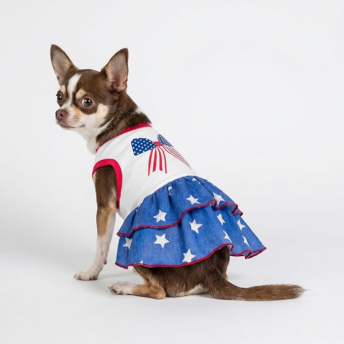 Fitwarm Patriotic Bowknot Tiered Ruffle Dog Dress, 4th of July Clothes for Small Dogs Girl, Pet Outfit, Royal Blue, Red, White, Small