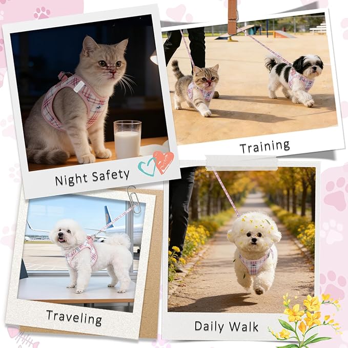 Gyuzh Dog Harness and Leash Set for Puppies - 3 Piece Step in No Pull Vest & Collar, Extra Small Kitten Harness, Breathable Reflective Plaid, Padded Leash (Pink, S)