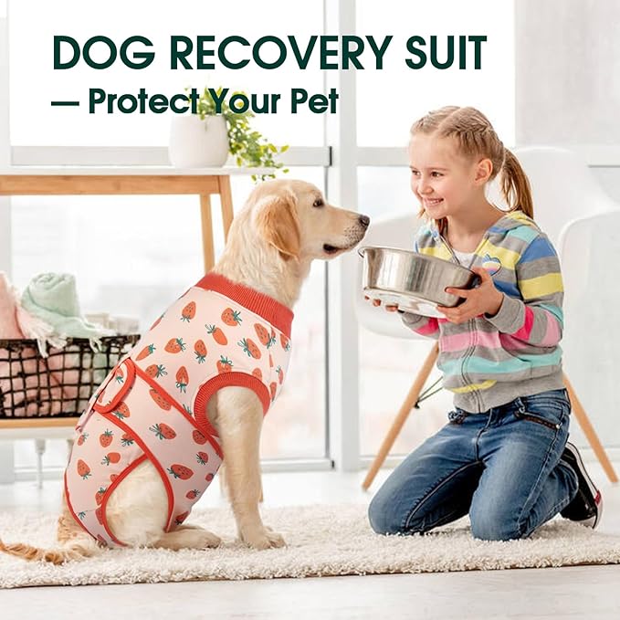 Kuoser Dog Recovery Suit for Female Male Dogs, Post-Surgery Bodysuit for Spay Neuter, Dog Onesie After Surgery, Anti-Licking Pet Surgical Recovery Suit, PinkStrawberry L
