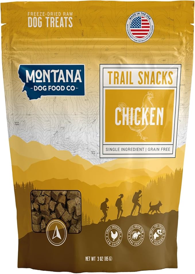 MONTANA DOG FOOD CO. Freeze-Dried Chicken Breast Dog Treats (Trail Snacks) – 100% All- Natural Freeze Dried Dog Treats, Single Ingredient, High Protein, Grain-Free, Made in USA – 3 oz Bag