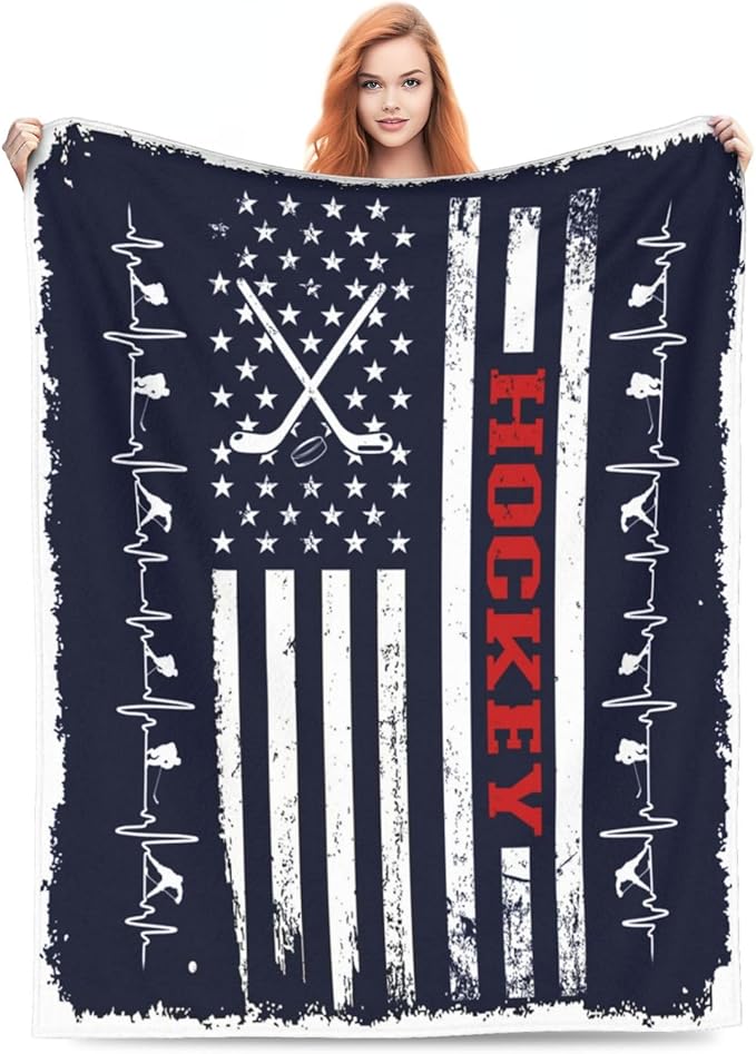 banonaty Hockey Blanket Navy Blue American Flag Throw Blanket Cozy Fleece Flannel Plush Bedding Ice Hockey Gifts for Boys Girls Men Women Youth Kids for Couch Sofa Bed Decor 50"X60"