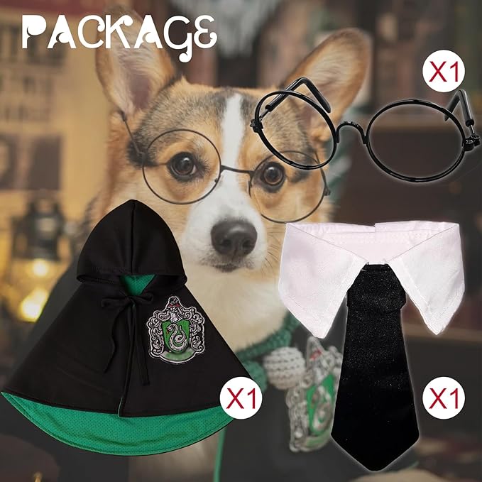 Dog Cat Costumes with Glasses and Neckties,Cosplay Costume Set Perfect for Party and Gifts for Cat Dog (Slytherin, Small)