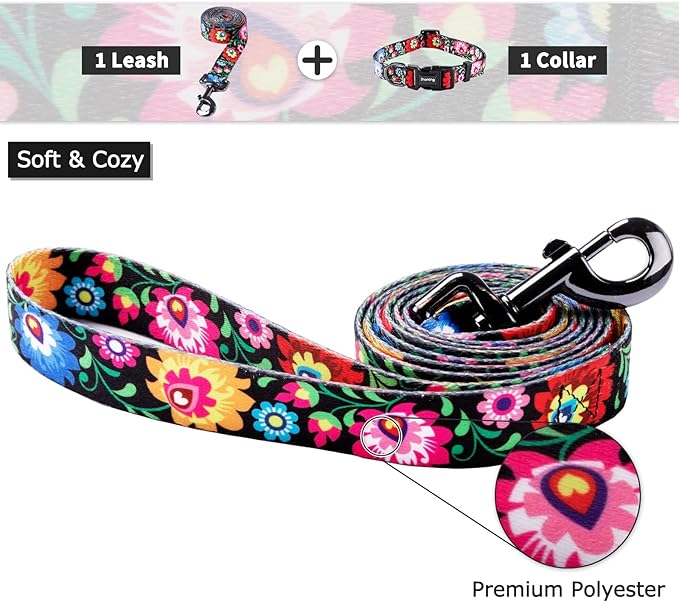 Ihoming Dog Collar and Leash Set for Daily Outdoor Walking Running Training, Black Colorful Flowers Design for Medium Boys Girls Dogs Cats Pets, M-Up to 45LBS