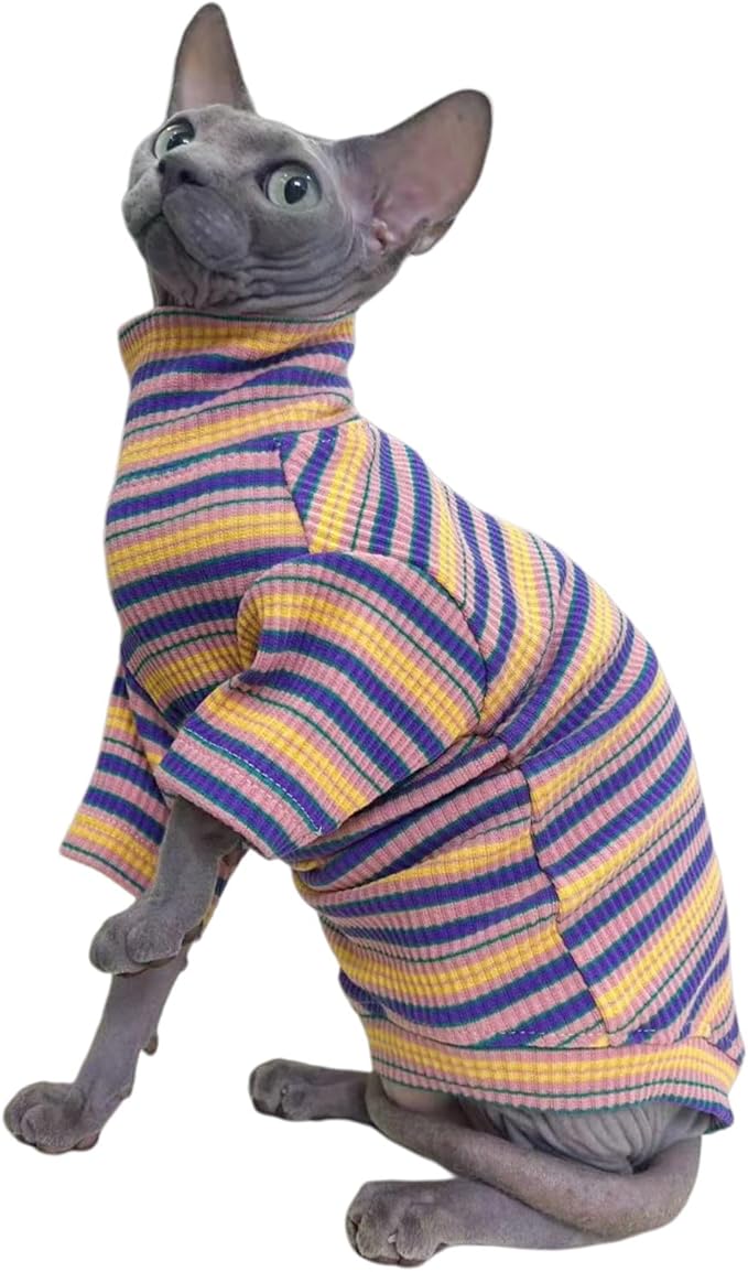 Turtle Neck Vintage Stripes Sphynx Hairless Cat Cotton T-Shirts Pet Clothes Vest Kitten Shirts Sleeveless, Cats & Small Dogs Apparel (Rose Garden, M (5-6.5 lbs))