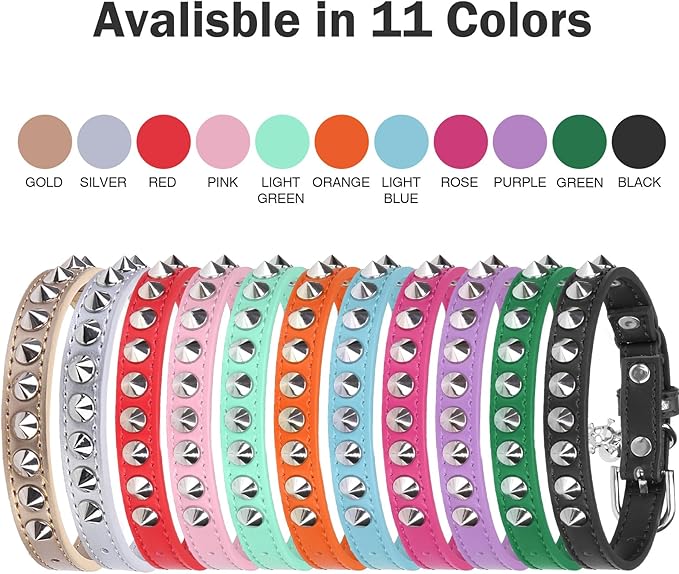 Leather Cat Collars for Boy Girl Cats with Bell and Safety Elastic Belt, Personalized Rivets Stud Adjustable Safe Buckle Collar with Skull Charm for Kitty Small Pets, Green